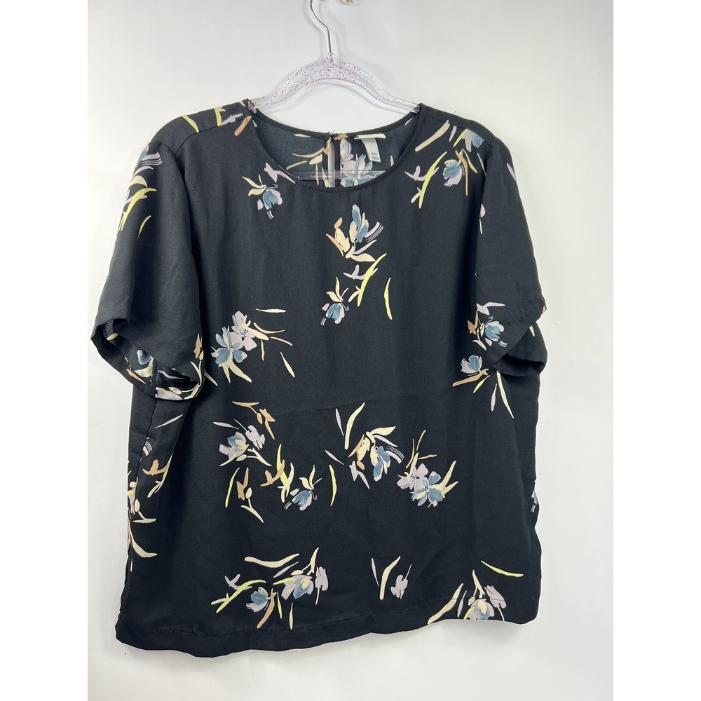 A New Day Black Floral Shirt Sheer Blouse Womens Size XXL Short Sleeves Pretty!